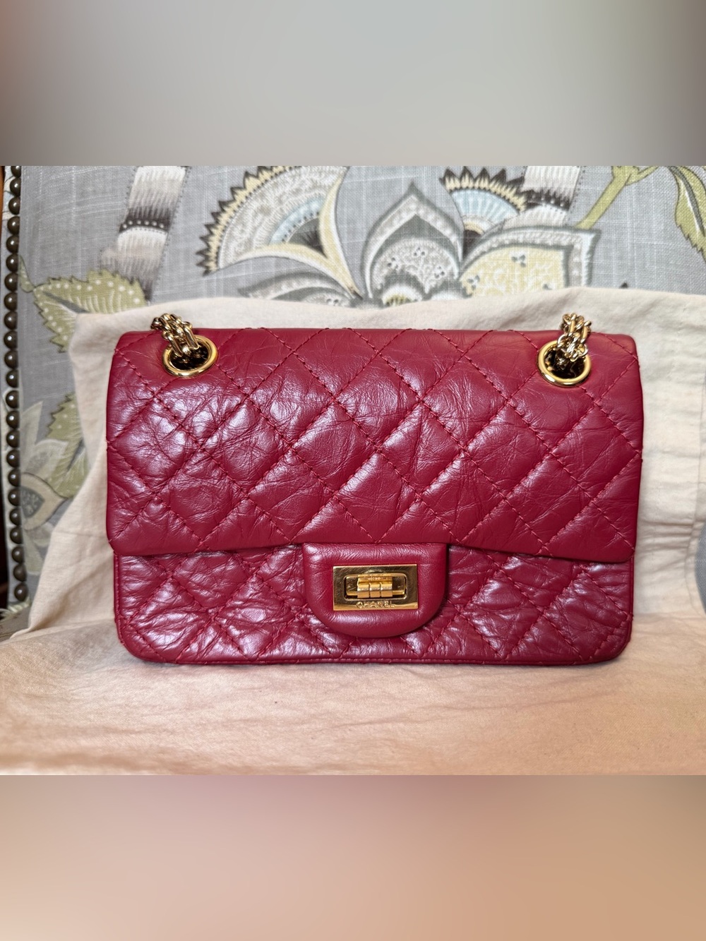 CHANEL Quilted Reissue Aged Calfskin Mini Red Shoulder Bag with Gold Chain